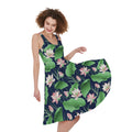 Flower And Leaf Lotus Pattern Print Sleeveless Knee Length Dress