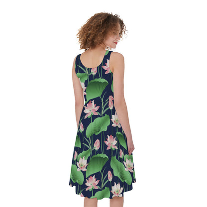 Flower And Leaf Lotus Pattern Print Women's Sleeveless Dress