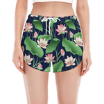 Flower And Leaf Lotus Pattern Print Women's Split Running Shorts