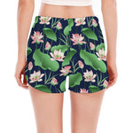 Flower And Leaf Lotus Pattern Print Women's Split Running Shorts