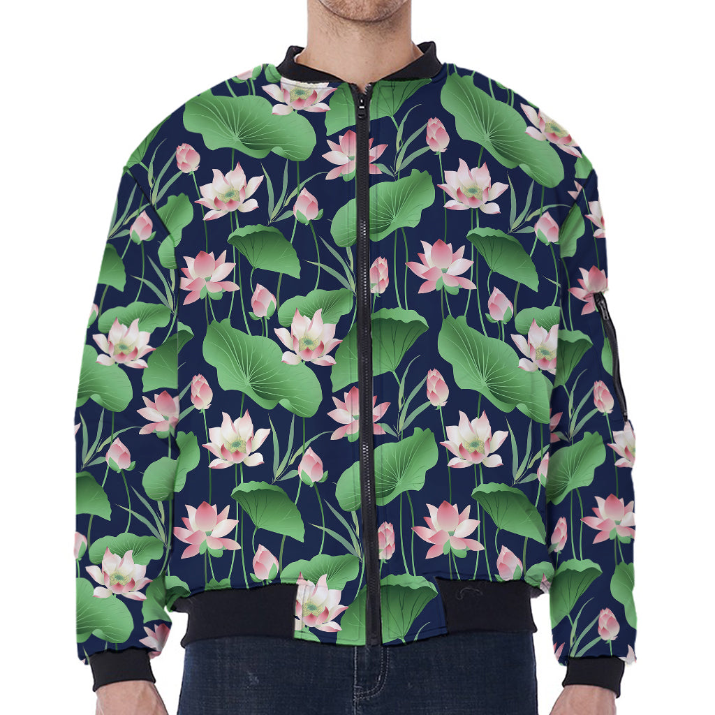 Flower And Leaf Lotus Pattern Print Zip Sleeve Bomber Jacket