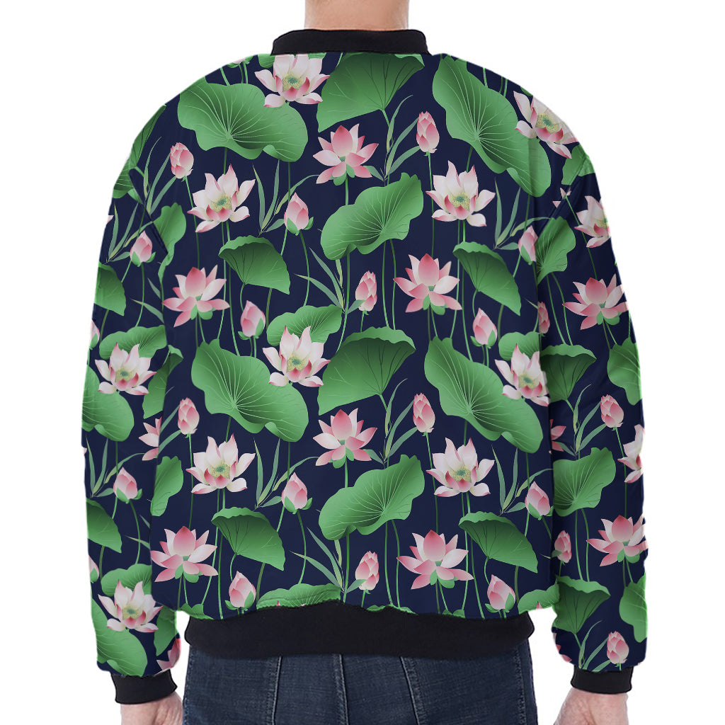 Flower And Leaf Lotus Pattern Print Zip Sleeve Bomber Jacket