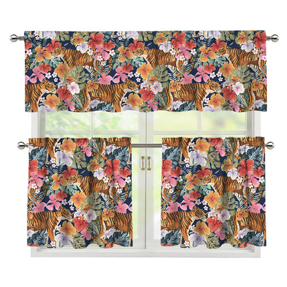 Flower And Tiger Pattern Print 3 Piece Kitchen Curtains