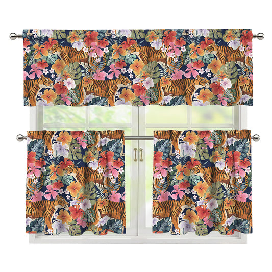 Flower And Tiger Pattern Print 3 Piece Kitchen Curtains