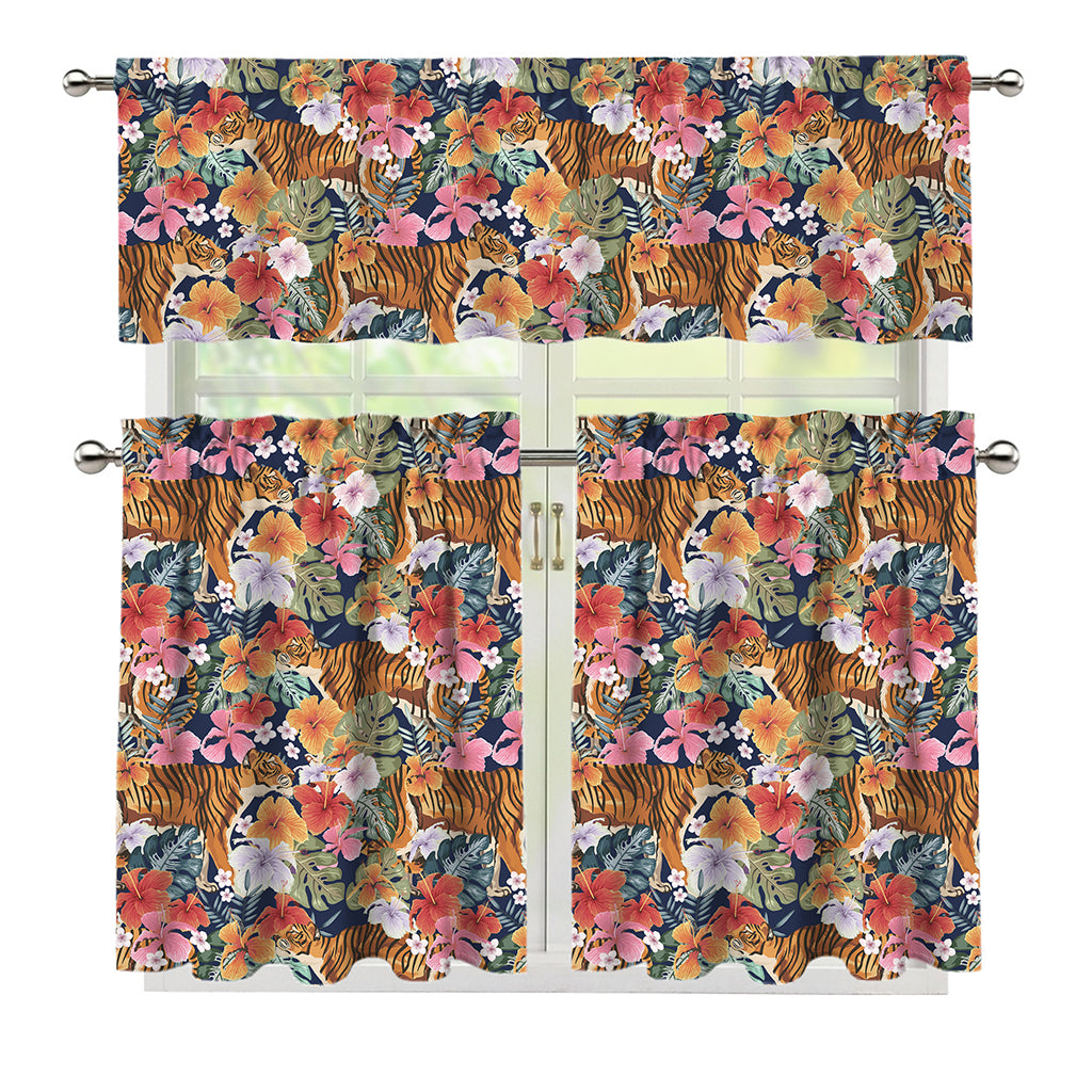 Flower And Tiger Pattern Print 3 Piece Kitchen Curtains