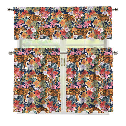 Flower And Tiger Pattern Print 3 Piece Kitchen Curtains