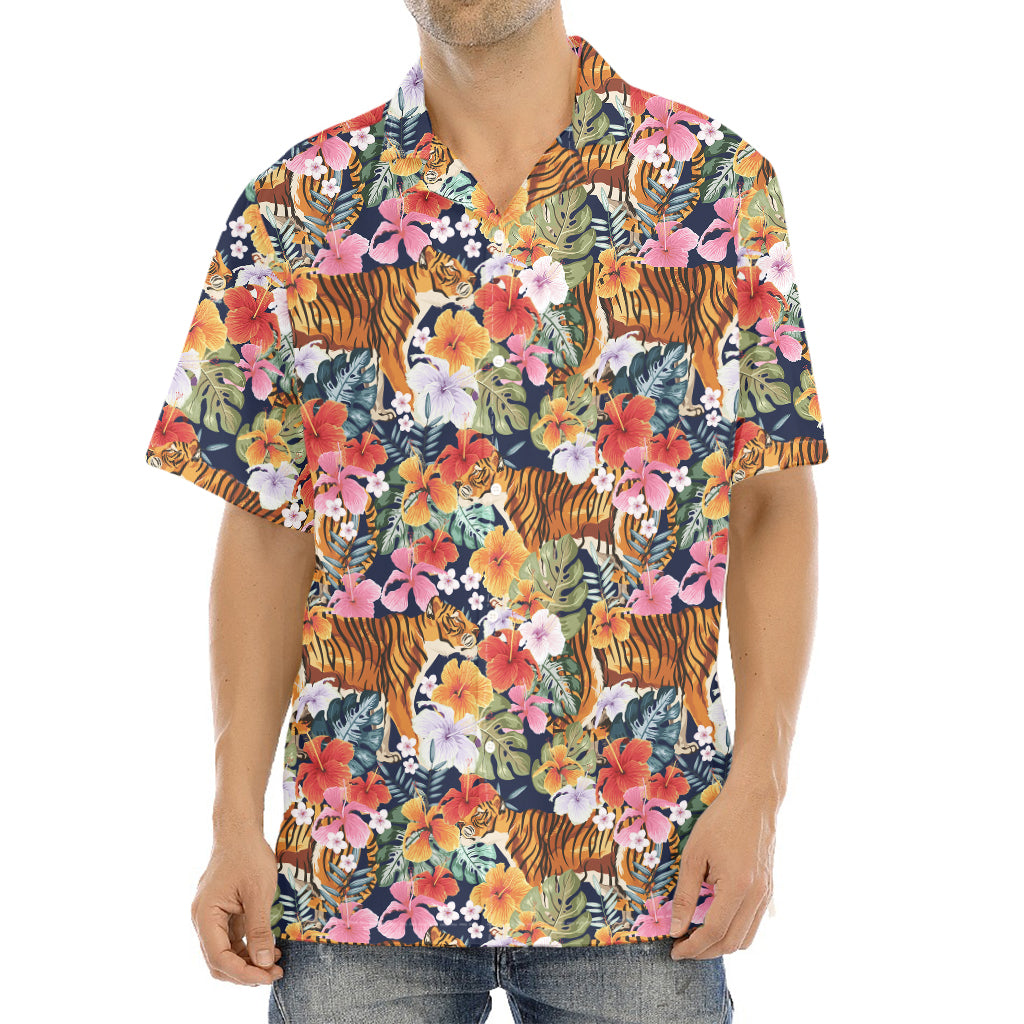 Flower And Tiger Pattern Print Aloha Shirt