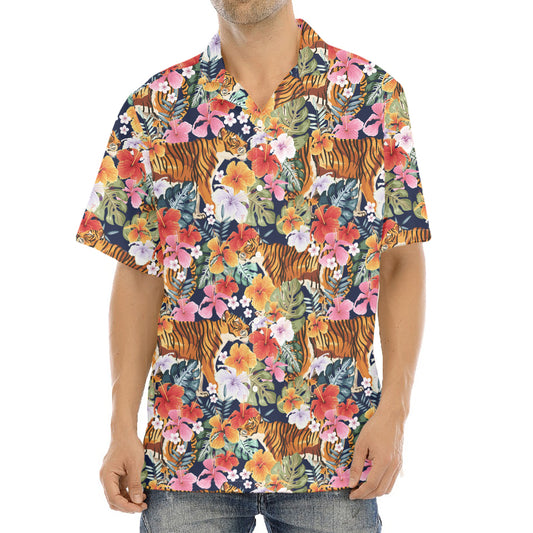 Flower And Tiger Pattern Print Aloha Shirt