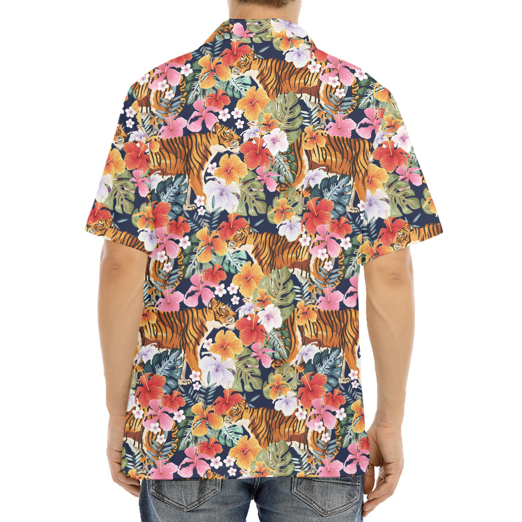 Flower And Tiger Pattern Print Aloha Shirt