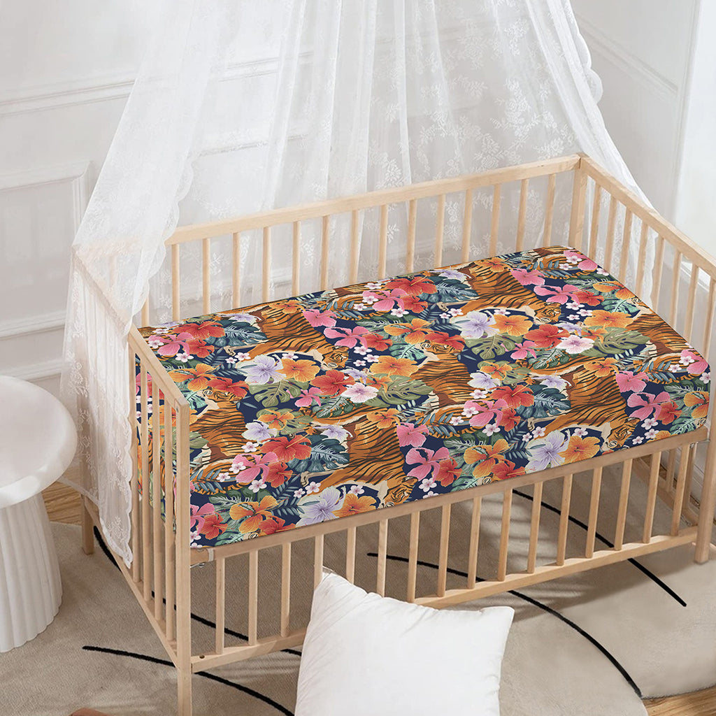 Flower And Tiger Pattern Print Baby Crib Sheet