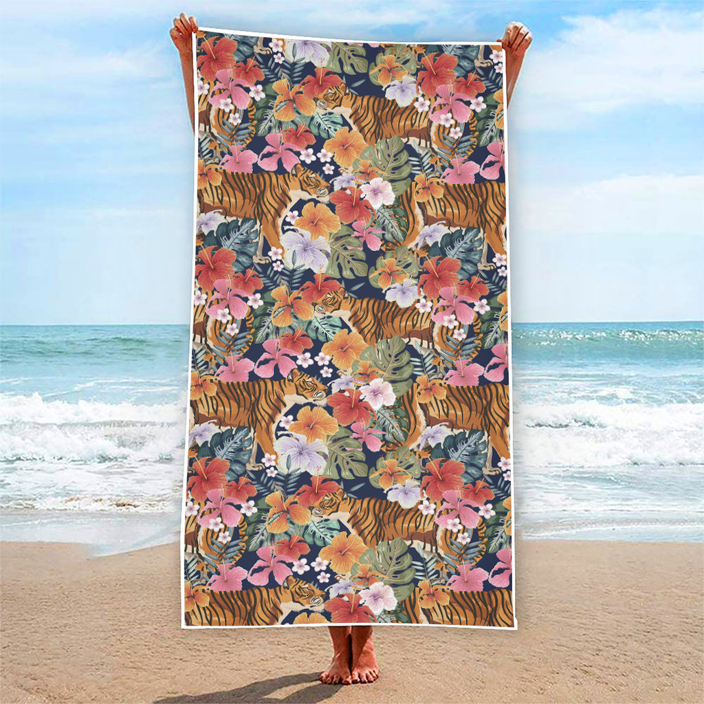 Flower And Tiger Pattern Print Beach Towel