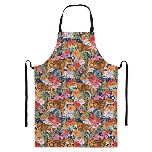 Flower And Tiger Pattern Print Bib Apron With Pocket