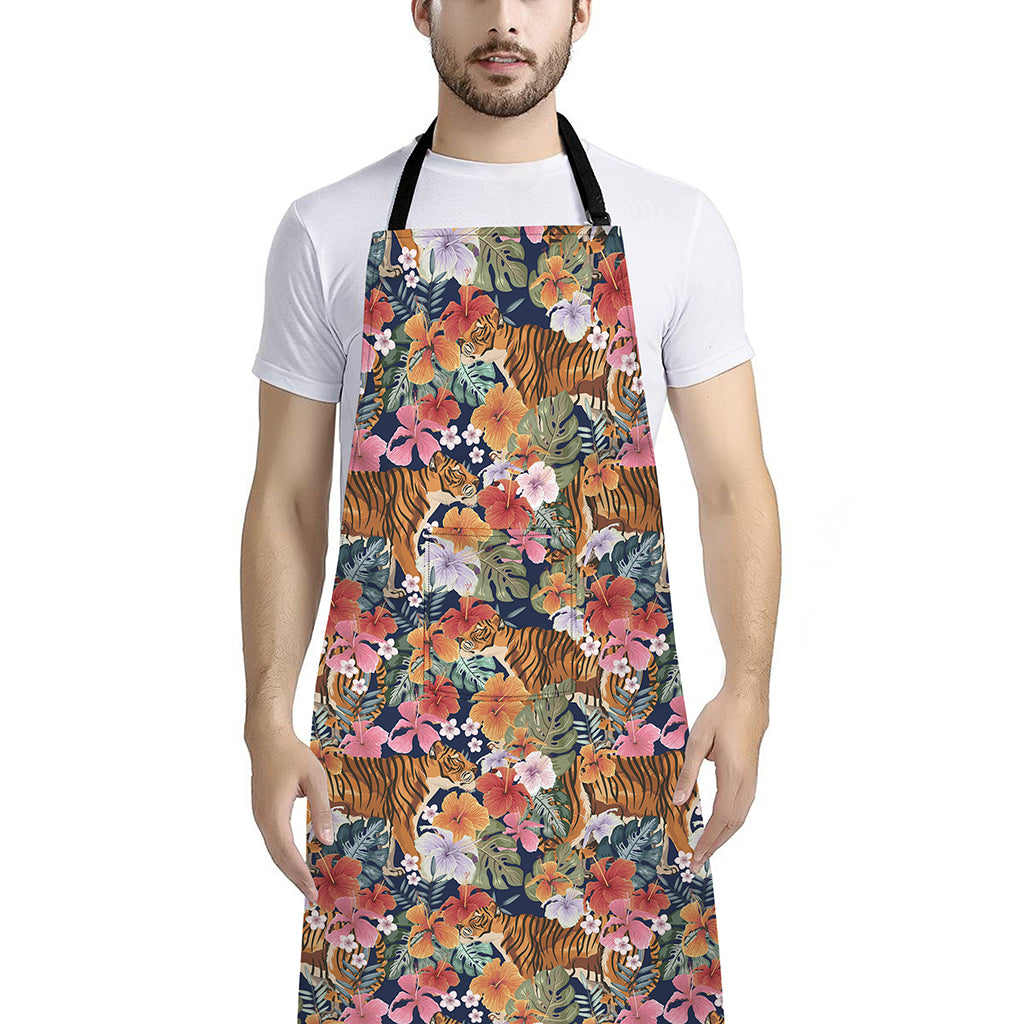 Flower And Tiger Pattern Print Bib Apron With Pocket