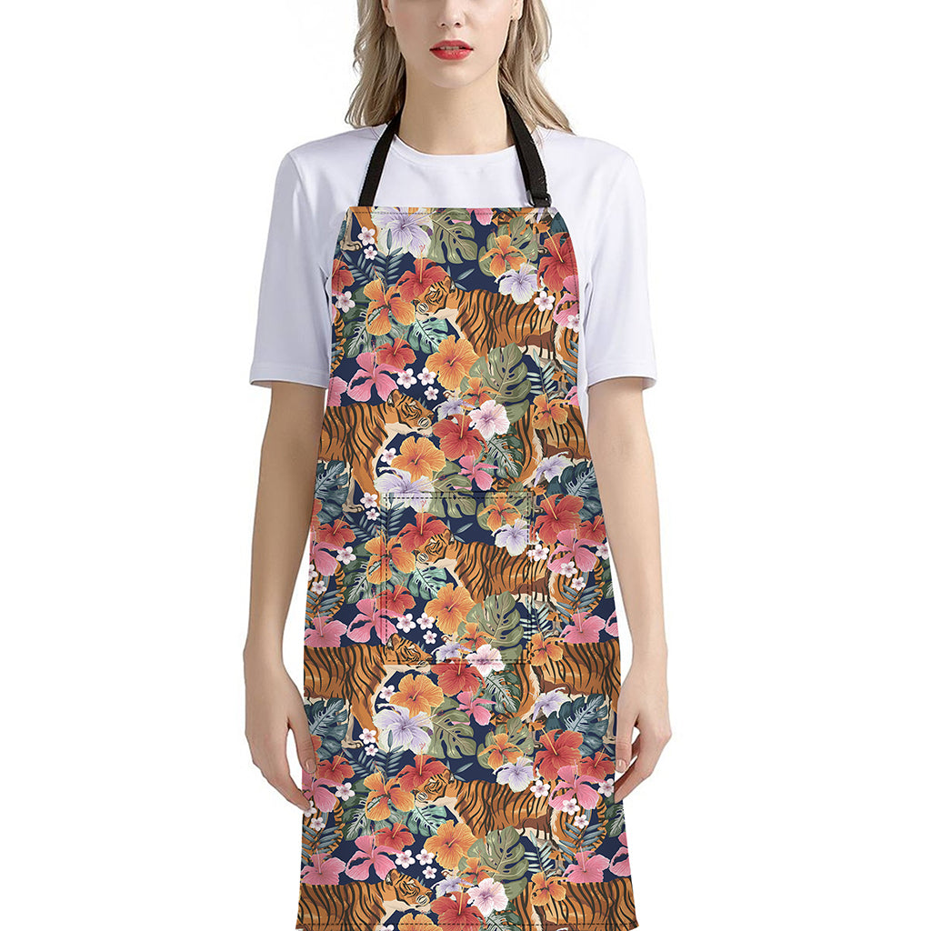Flower And Tiger Pattern Print Bib Apron With Pocket