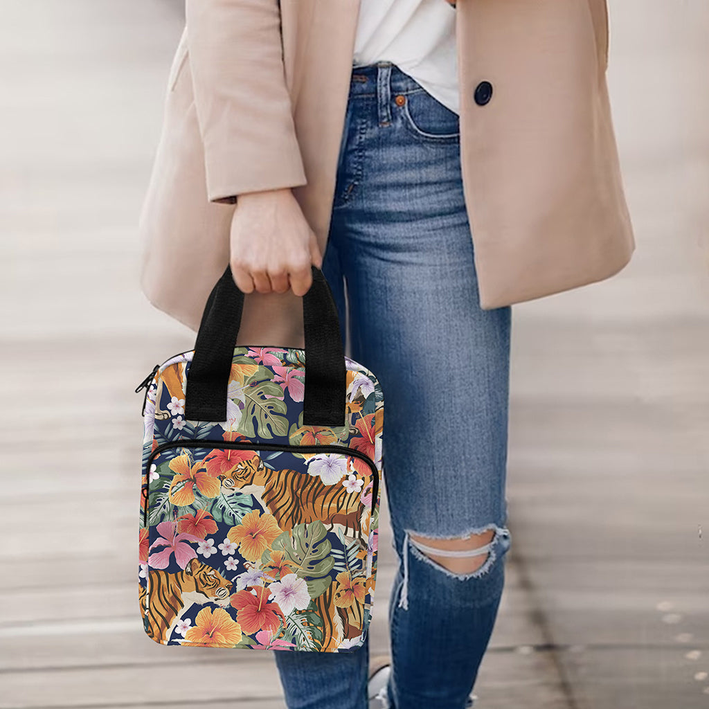 Flower And Tiger Pattern Print Bible Tote Bag