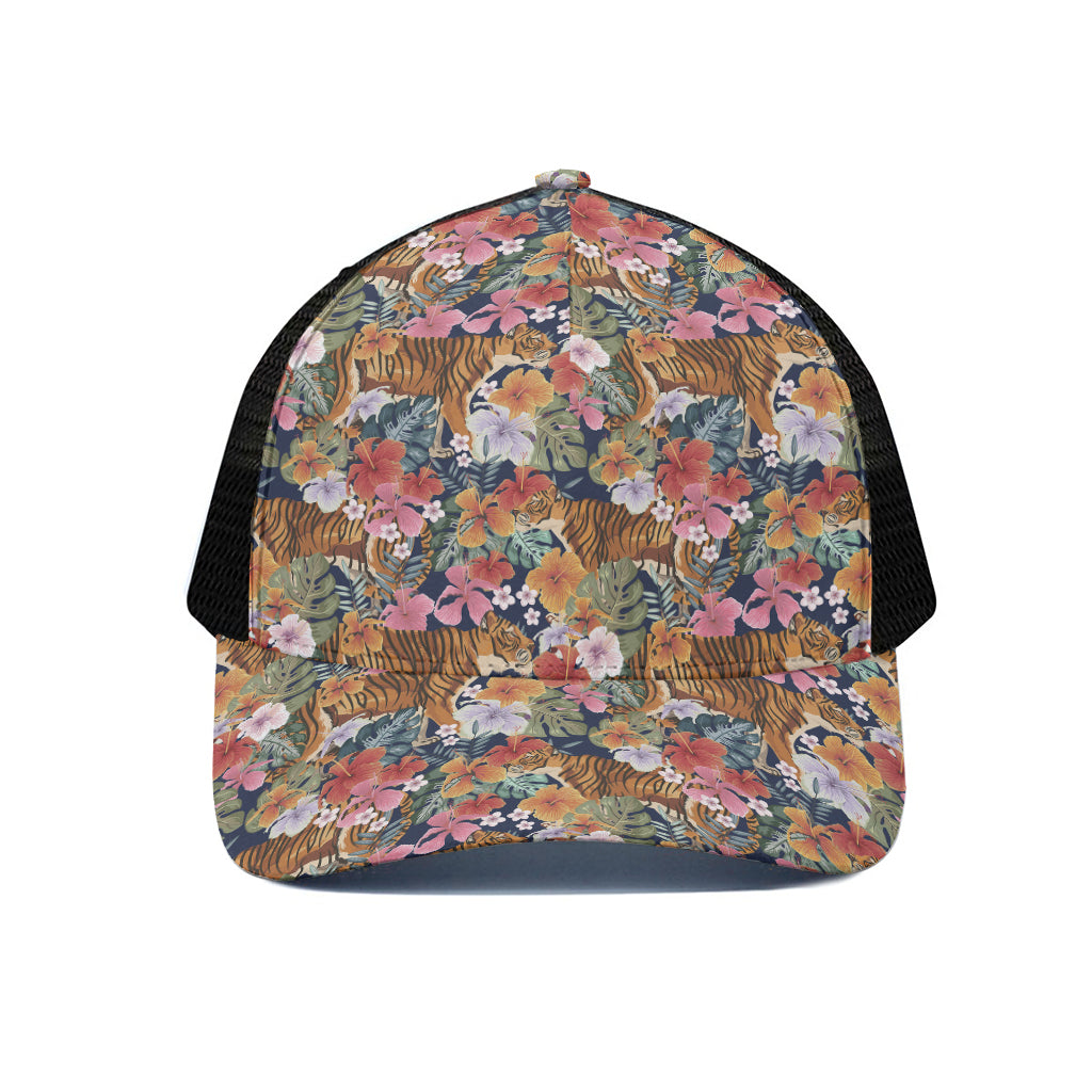 Flower And Tiger Pattern Print Black Mesh Trucker Cap