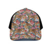 Flower And Tiger Pattern Print Black Mesh Trucker Cap