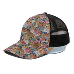 Flower And Tiger Pattern Print Black Mesh Trucker Cap