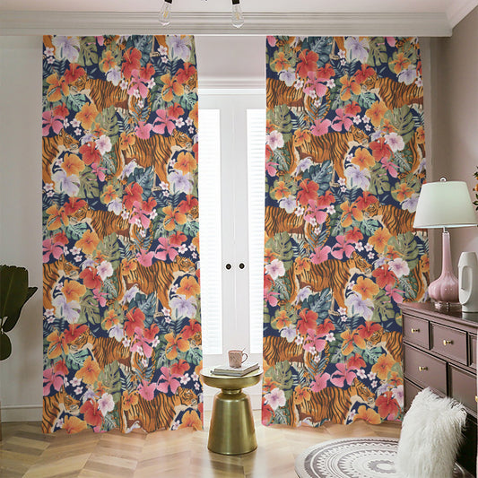 Flower And Tiger Pattern Print Blackout Pencil Pleat Curtains