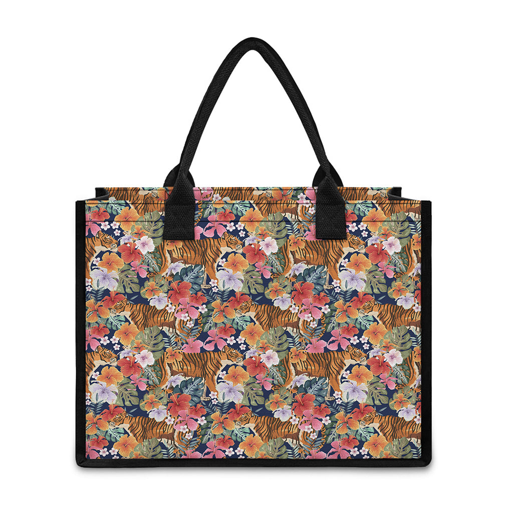 Flower And Tiger Pattern Print Canvas Tote Bag