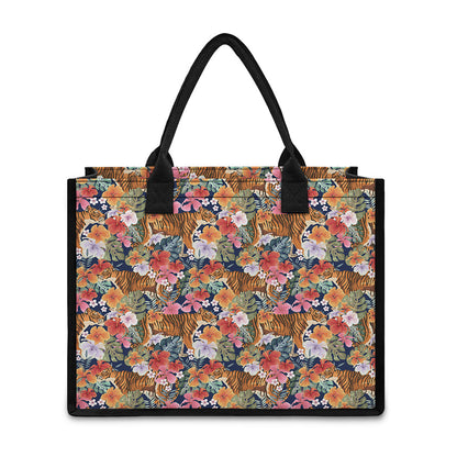 Flower And Tiger Pattern Print Canvas Tote Bag