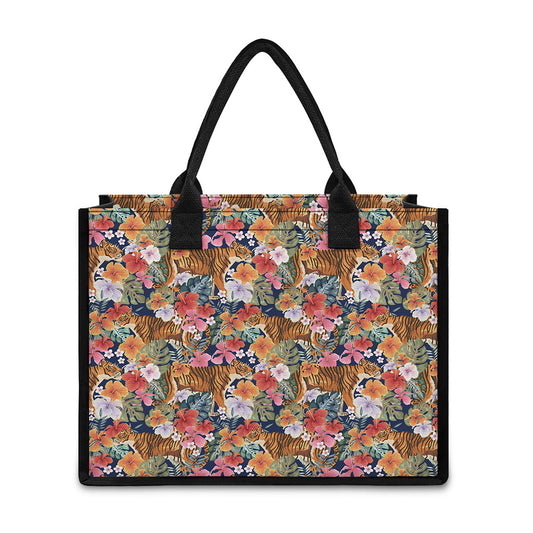 Flower And Tiger Pattern Print Canvas Tote Bag