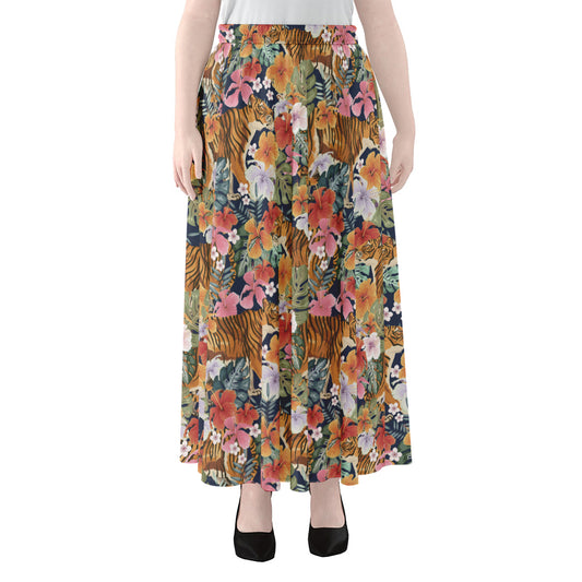 Flower And Tiger Pattern Print Chiffon Maxi Skirt