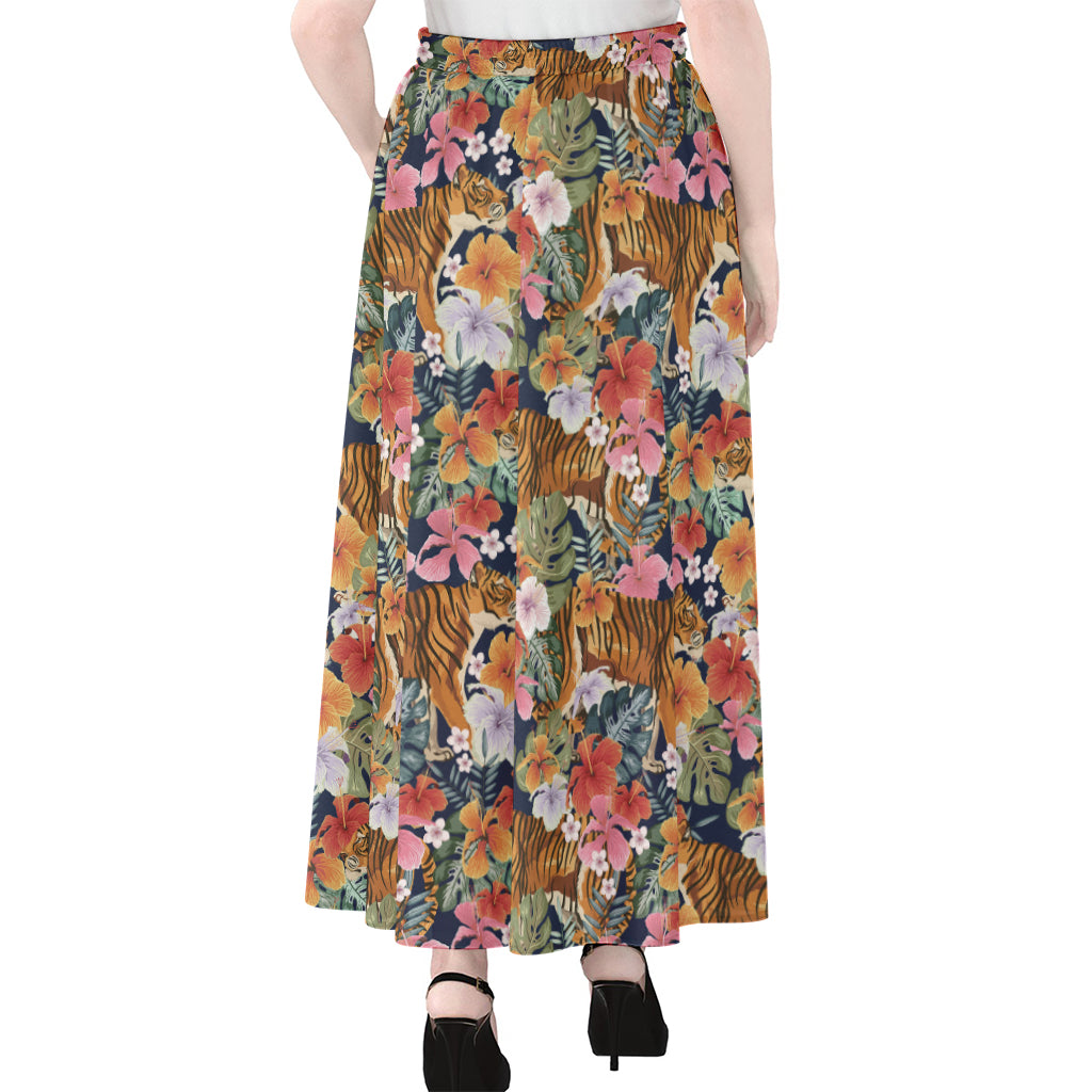 Flower And Tiger Pattern Print Chiffon Maxi Skirt