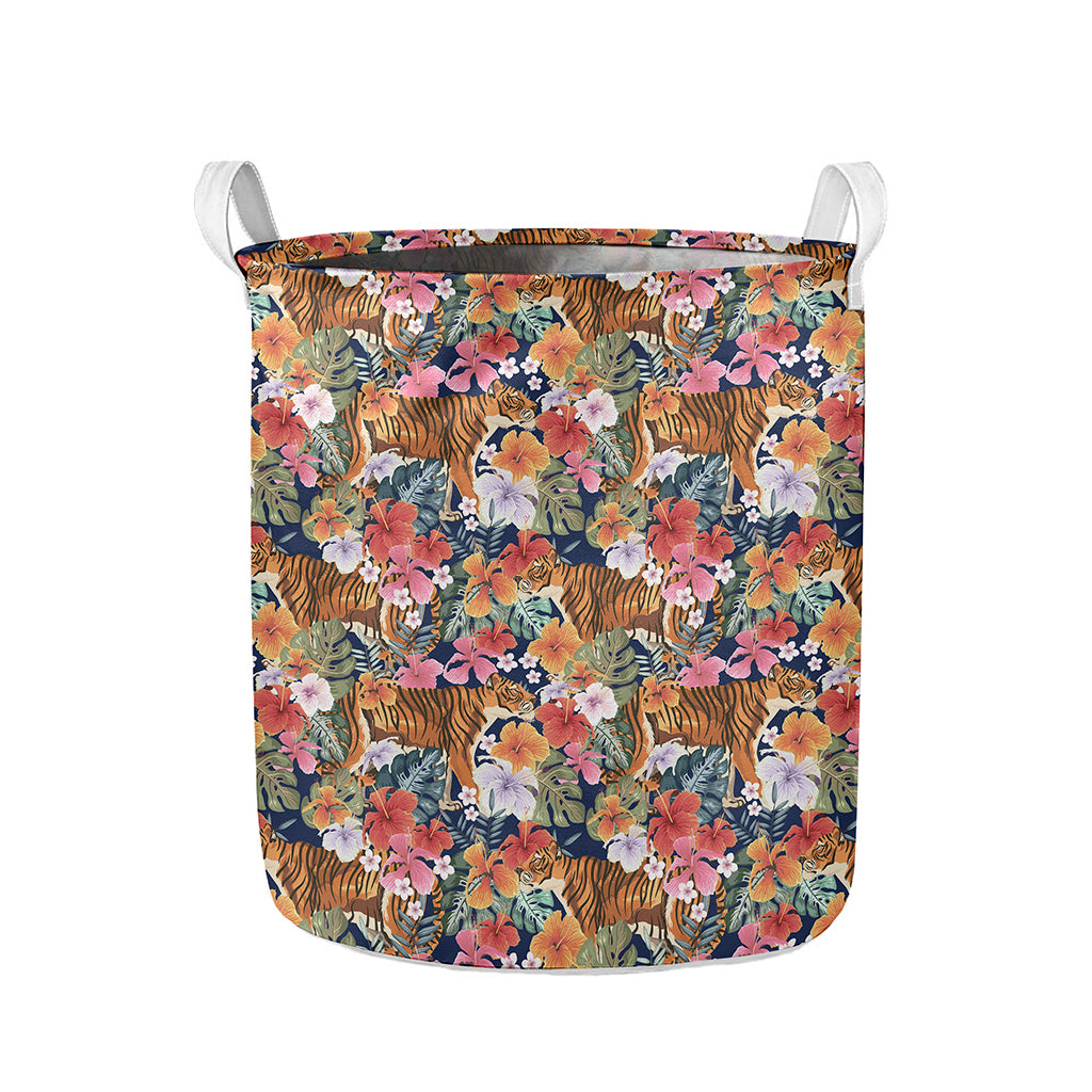 Flower And Tiger Pattern Print Collapsible Laundry Basket