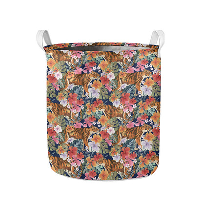 Flower And Tiger Pattern Print Collapsible Laundry Basket