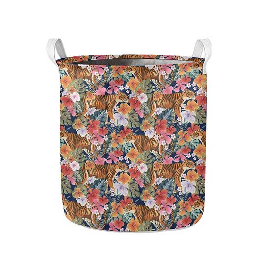 Flower And Tiger Pattern Print Collapsible Laundry Basket