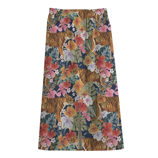 Flower And Tiger Pattern Print Cotton Front Slit Maxi Skirt