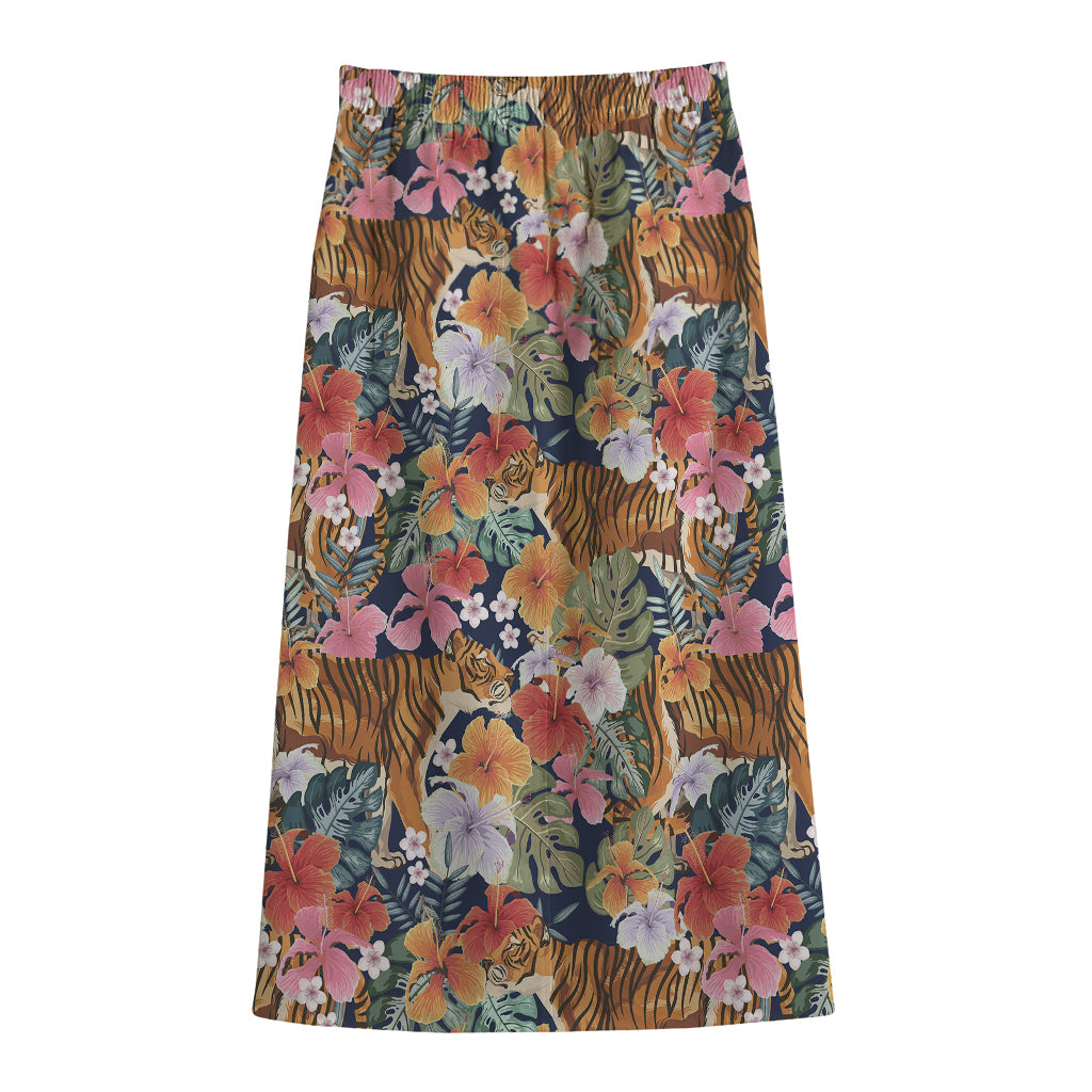 Flower And Tiger Pattern Print Cotton Front Slit Maxi Skirt