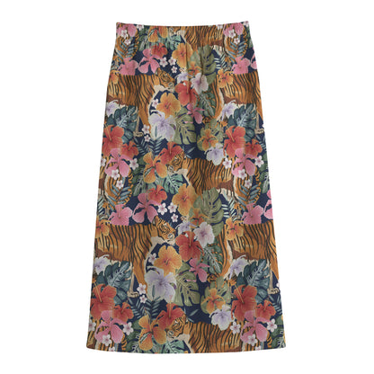 Flower And Tiger Pattern Print Cotton Front Slit Maxi Skirt