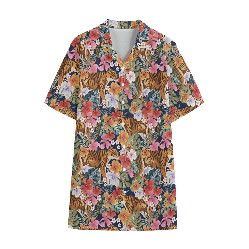 Flower And Tiger Pattern Print Cotton Hawaiian Shirt