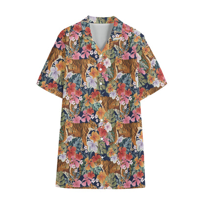Flower And Tiger Pattern Print Cotton Hawaiian Shirt