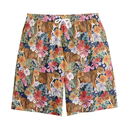 Flower And Tiger Pattern Print Cotton Shorts