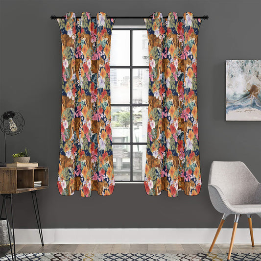 Flower And Tiger Pattern Print Curtain