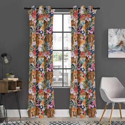 Flower And Tiger Pattern Print Curtain