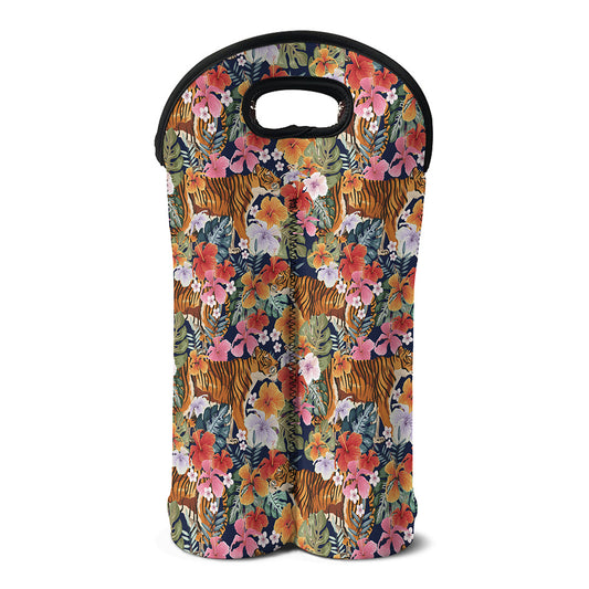 Flower And Tiger Pattern Print Double Neoprene Wine Tote