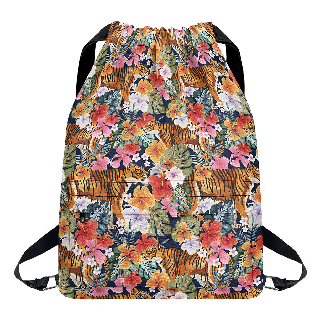 Flower And Tiger Pattern Print Drawstring Backpack