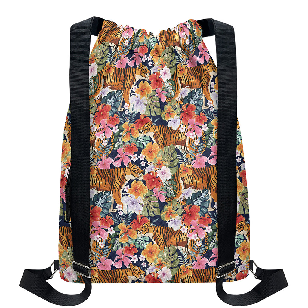 Flower And Tiger Pattern Print Drawstring Backpack