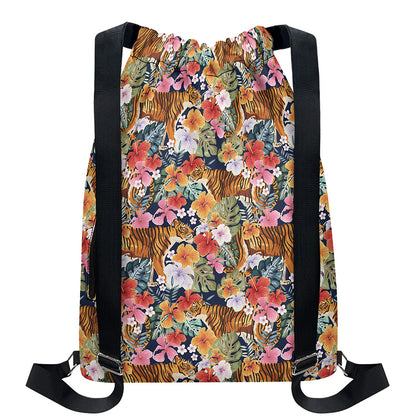 Flower And Tiger Pattern Print Drawstring Backpack