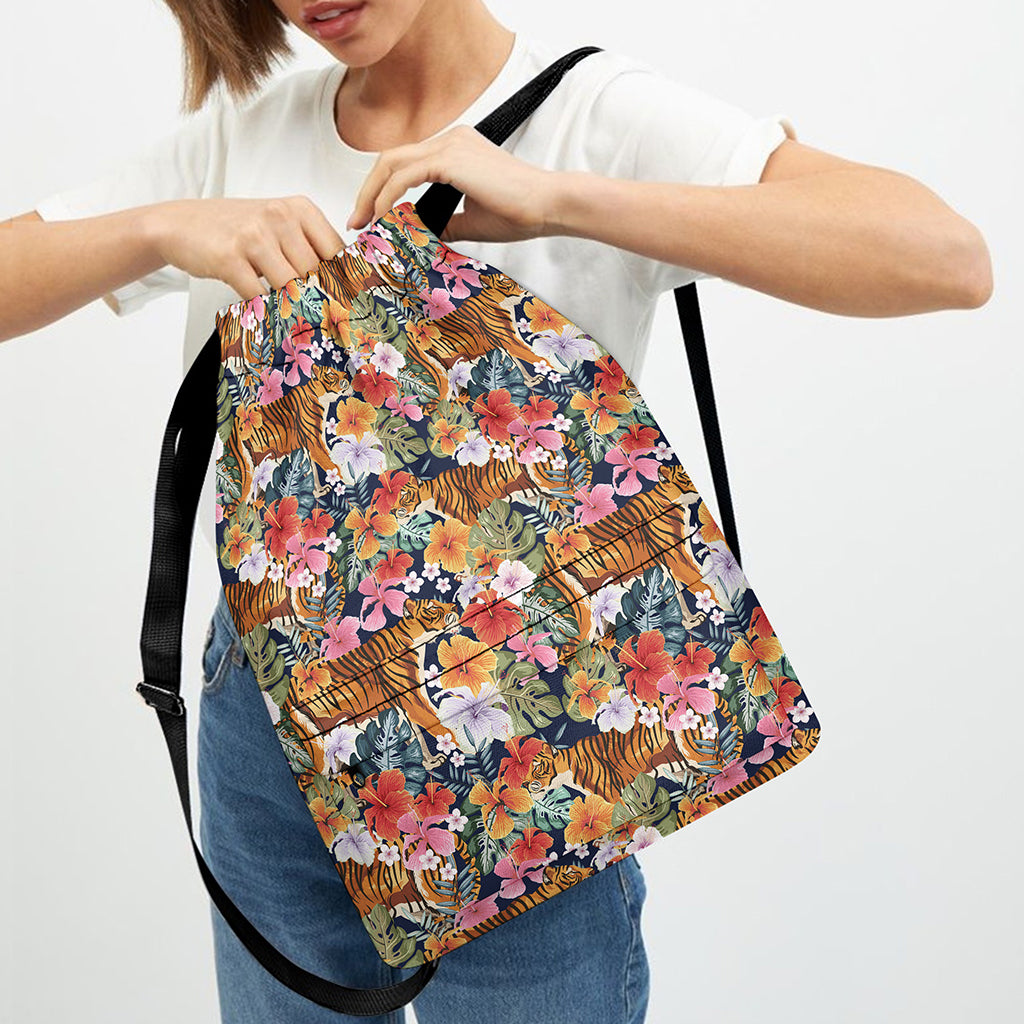 Flower And Tiger Pattern Print Drawstring Backpack