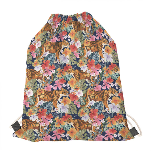 Flower And Tiger Pattern Print Drawstring Bag