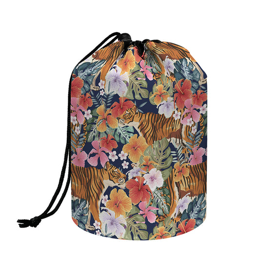 Flower And Tiger Pattern Print Drawstring Makeup Bag