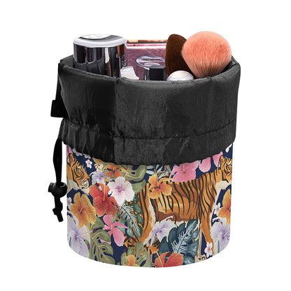 Flower And Tiger Pattern Print Drawstring Makeup Bag
