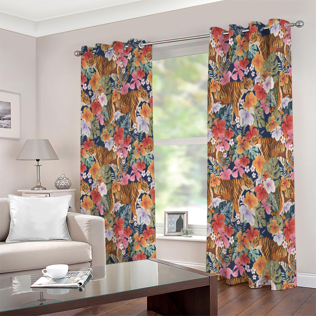 Flower And Tiger Pattern Print Extra Wide Grommet Curtains