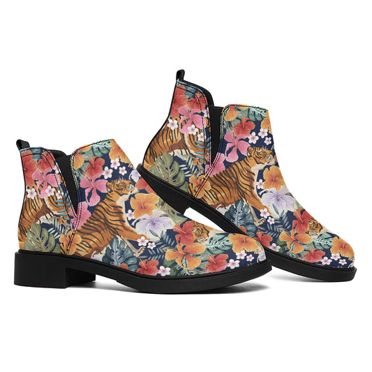 Flower And Tiger Pattern Print Flat Ankle Boots