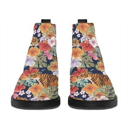 Flower And Tiger Pattern Print Flat Ankle Boots